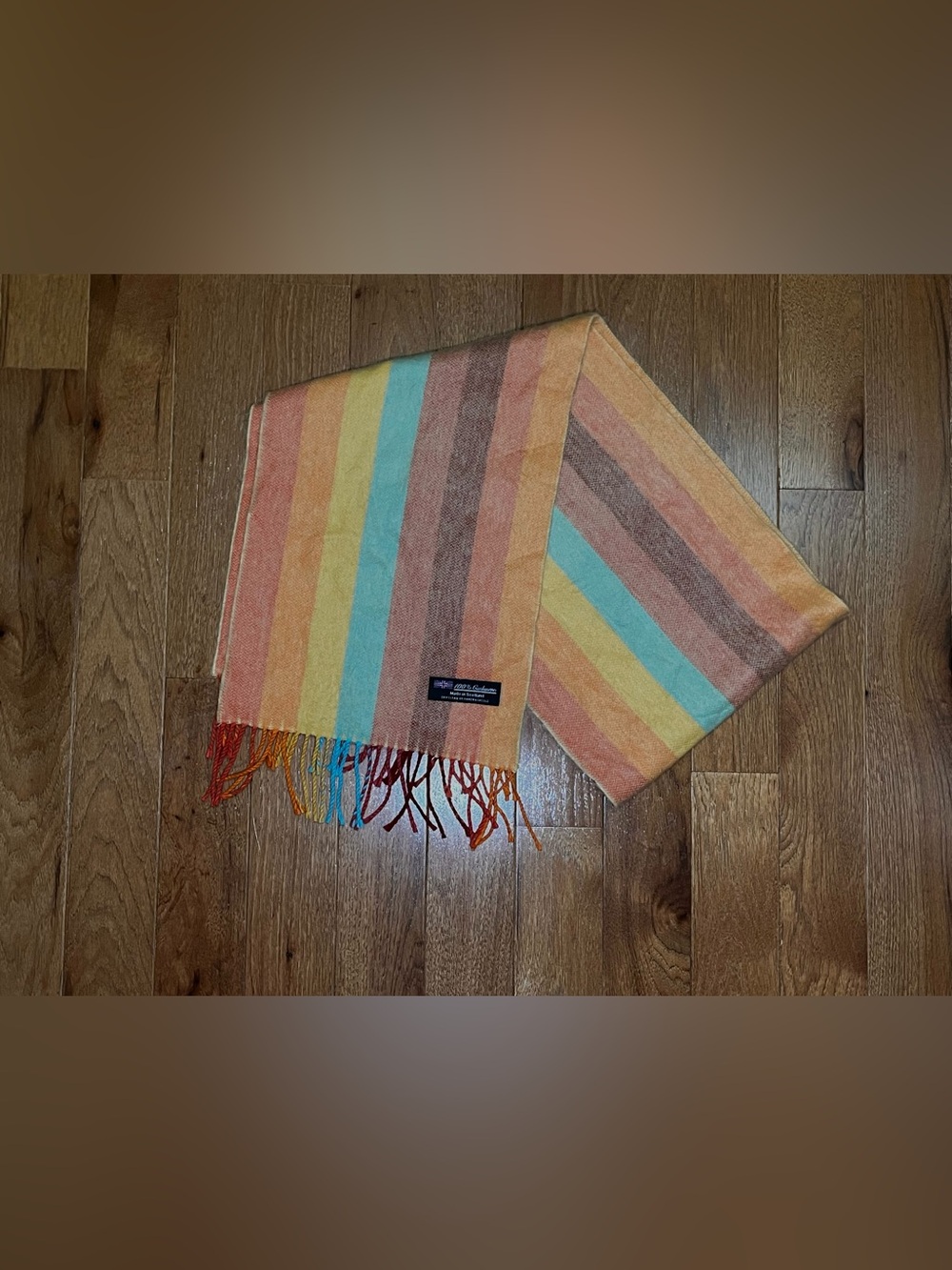 100% Cashmere Rainbow Striped Fringe Scarf Made in Scotland